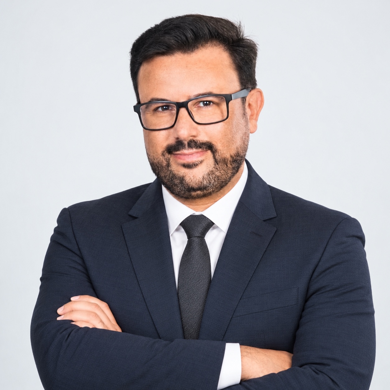 Michel em retrato próximo de terno azul-marinho, com os braços cruzados.