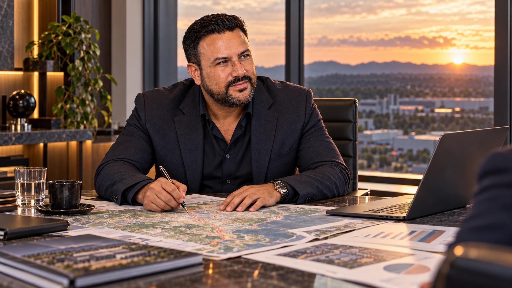 Michel analisa um mapa de expansão comercial à mesa, com um notebook ao lado.